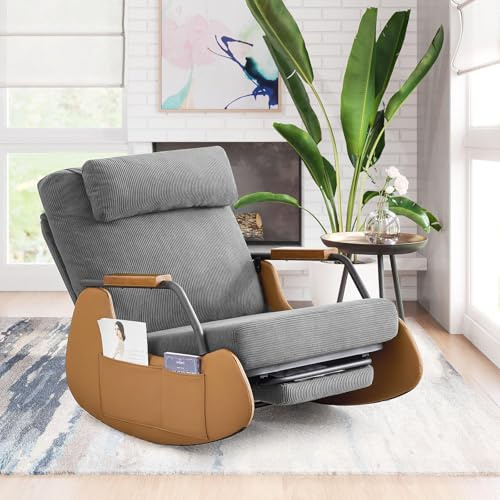 AVAWING Schaukelstuhl mit Klappbarer Rückenlehne,Schaukelsessel mit Kordober Holz und PU,Rocking Chair Schwingsessel für Wohnzimmer,Schlafzimmer,grau