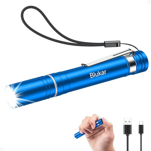 Blukar Torcia LED Mini Ricaricabile, Torcia Penna Tascabile con Clip | 4 Modalità,Funzione di Memoria,Zoomabile,Lunga Durata,Portatile Impermeabile EDC per Campeggio,Emergenza-Blu