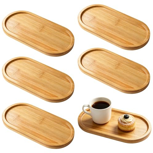 6 Pcs Oval Small Wooden Tray, 17.5x8.8 cm Bamboo Soap Dispenser Tray for Bathroom Countertop Wood Serving Trays Small Trays for Tea Coffee Fruit Snacks