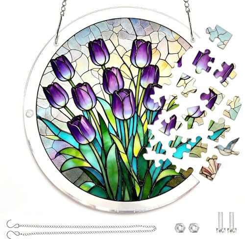 Acrylic Puzzles Suncatcher Window Hanging, 7.4 Inch DIY Suncatcher Kit for Garden & Home, Stained Glass Effect Sun Catcher Puzzle for Women Men Birthday, Decor with Chain(1)
