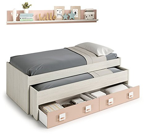 Mobelcenter - Cama Nido con cajones y estantería Nube - Color Blanco y Rosa Pastel - Conjunto Dormitorio Infantil Juvenil (199cm de Ancho x 69cm de Altura x 96cm de Fondo) - 0983