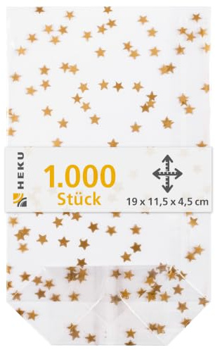 HEKU 1000er Packung Transparente Bodenbeutel mit goldenen Sternen 190x115x45mm I Stabiler Kreuzboden I Reißfestes Polypropylen Material I Ideal für Weihnachten & selbstgebackene Plätzchen