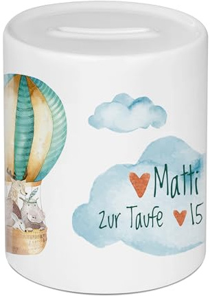 GRAZDesign Spardose Taufe Junge personalisiert mit Namen & Datum, Geschenk für Patenkind, Kinder, Zwillinge, Heißluftballon - Heißluftballon mit Namen und Datum