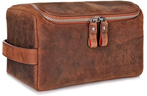 DONBOLSO® Kulturbeutel Helsinki I Kosmetiktasche zum Aufhängen für Damen und Herren I Kulturtasche aus Leder Braun Vintage