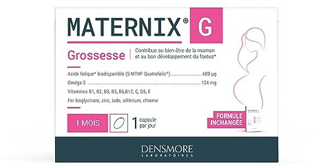 Densmore - MATERNIX G Vitamines Grossesse - Complément Alimentaire Acide Folique Grossesse - Spécifique femme enceinte - Fatigue, Mémoire et Immunité - 30 capsules - Cure 1 mois - Fabriqué en Europe