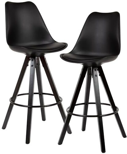 FineBuy Barhocker 2er Set Kunstleder Schwarz mit Lehne, Sitzhöhe 77 cm | Barstühle skandinavisch mit schwarzen Holzbeinen, Tresenhocker gepolstert, fester Stand