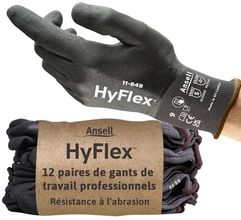 Ansell Hyflex 11-849 nötningsbeständiga professionella arbetshandskar, skydd med flera användningsområden, mekanik, hantering, montering, tvättbar säkerhetshandske, svart, storlek XL (12 par)