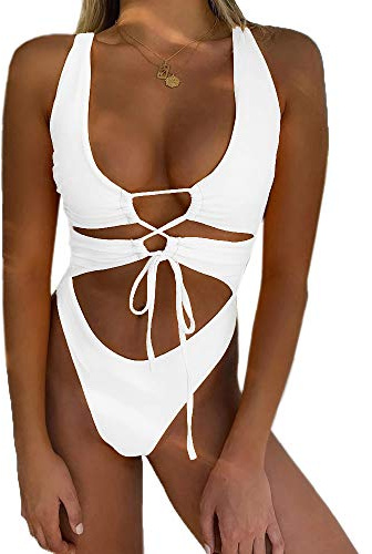 CHYRII Women's White Sexy Cutout Lace Up Backless High Cut One Piece Swimsuit Monokini L