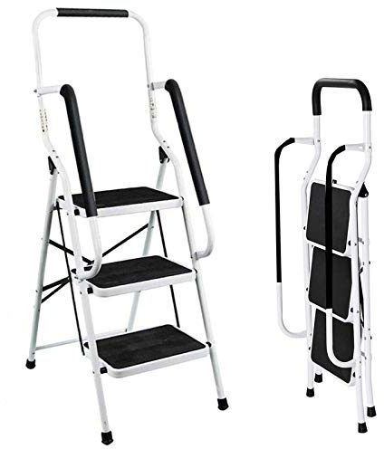 Trittleiter 3 Stufen mit Handlauf Faltbar Leiter Klapptritt und Großen Stufen Haushaltsleiter Metall Klapptreppe Stehleiter, bis 150 kg