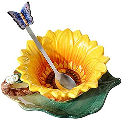 FORLONG Ceramic Coffee Mug and Saucer set with Spoon ,3D Handmade and Hand-painted Sunflower and Leaf Design Tea Mug, Birthday Gifts for Women 8oz