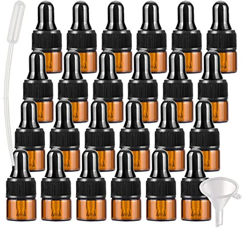 BasicPacking 100 Stück 1ml Braunglas Pipettenflasche, Leere Kleine Bernstein Braun Glasflasche mit Pipette, Stichprobe Glaspipette Tropfflasche für ätherische Öle Aromatherapie + Trichter