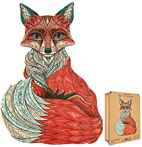 Lubiwood Verspielters Tierform-Holzpuzzle (29x21 cm) - Fördert Beobachtungsfähigkeiten und Zufriedenheit - kommt mit Holzgeschenkbox - (Schlauer Fuchs, Medium (A4))