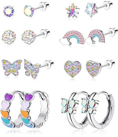 YADOCA 8 par allergivänliga örhängen för kvinnor flickor barn 316L rostfritt stål CZ skruvlock örhänge hjärta pärla regnbåge blomma fjäril tragus brosk piercing örhängen set, Rostfritt stål