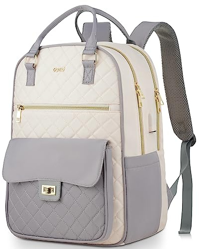 Ryggsäck för kvinnor,bärbar ryggsäck 15,6 tums skolryggsäck skolväska för tjejer,avslappnad dagsryggsäck för college,resor,arbete,gåva,Beige+Grå