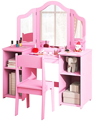 Costzon Kids Vanity, 2 in 1 Princess Makeup Desk & Chair Set with Detachable Tri-Folding Mirror, Storage Shelves, Wooden Toddler Vanity Dressing Table, Vanity Set for Little Girls (Pink)