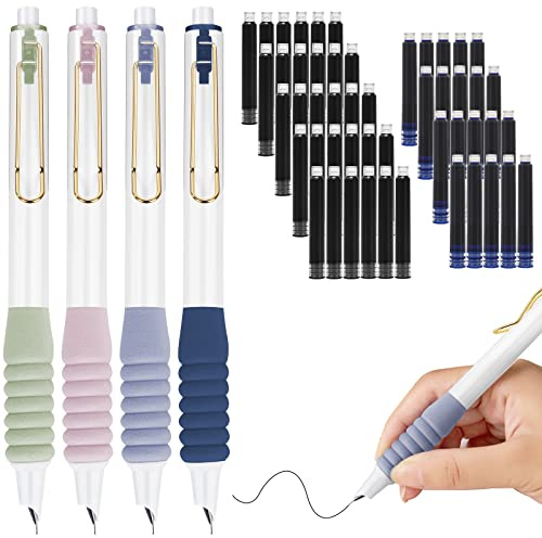 AUAUY Stylos Plume Rétractables, Lot de 4 Stylo Plume Rétractable, Stylos Plume Rétractables 0.38mm, Stylo Plume Rétractable de Calligraphie, Équipé de 50 Cartouches d'Encre avec Noire et Bleu