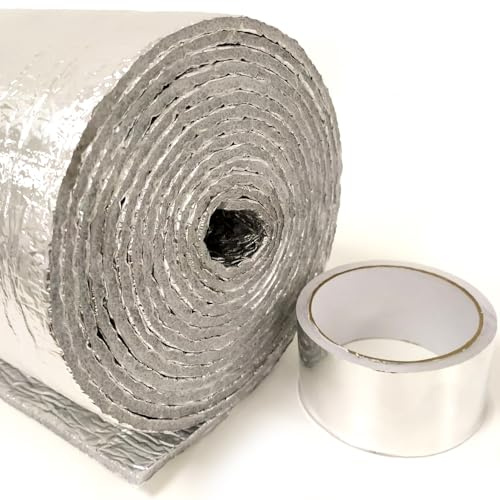 Isolateur thermique réfléchissant 100 % aluminium et mousse de polyéthylène (1m x 1,20m) + ruban en aluminium (10m) - Haut pouvoir isolant pour maisons, bureaux, caravanes, remorques