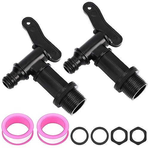 2 Pack Rain Bucket Spout, Water Barrel Tap, Plastic 3/4 Inch Faucet with Waterproof Sealing Tape, Gasket Faucet for Rain Bucket, Tank, Gardening (Black)