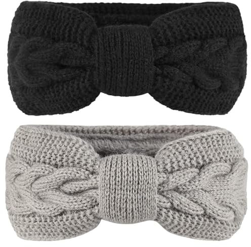 2 Stück Damen Gestrickt Stirnband, Verdicken Stirnband Damen, Haarband Ohrenwärmer Elastische, Winter Kopfband Haarband, Elastische Haarreife Ohr Wärmer für Mädchen (Schwarz, Grau)
