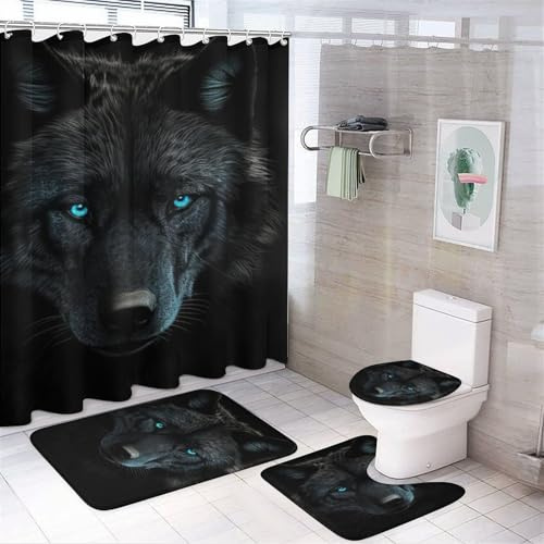 Dunmat Dark Night Black Wolf Shower Curtain Set for Bathroom, 4Pcs Rustic Retro Style Bathroom Sets with Non Slip Rugs, Toilet Lid Cover, Bath Mat, Shower Curtain, Bathroom Decor