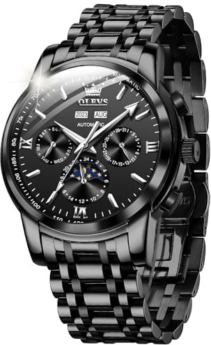OUPINKE Herrenuhr Automatik Mechanische Armbanduhr Schwarz Zifferblatt mit Mondphase Wasserdicht Luminous Tag Datum Schwarz Edelstahlarmband