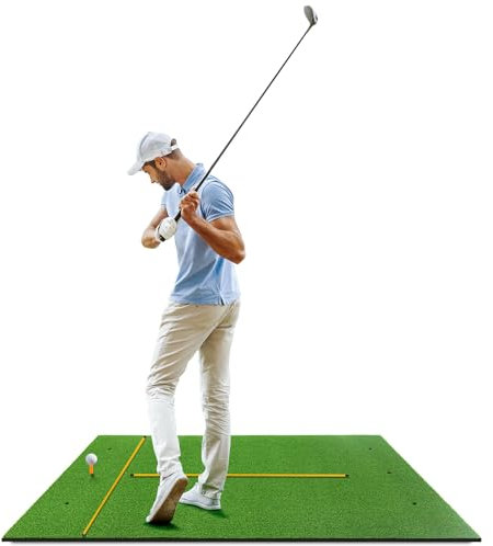 LIFEZEAL Golf Übungsmatte, Abschlagmatte mit 6 Abschlagpositionen, Outdoor Sports Golftraining Rasenmatte mit 2 Golf-Tees & 90cm Richtungsstöcken, Trainingshilfen (152 x 117 x 2,5 cm)