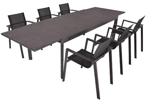 Lomadox Gartenmöbel Tischgruppe 7-TLG. in anthrazit mit Ausziehtisch und 6 Stapelstühlen