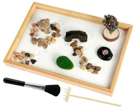 Holdes Zen Garden Table, Zen Garden Sand Kit, Wooden Table Zen Garden Sand Tray | Rake Tools, Japanese-Style Home Decoration for Offices, Gardens, Offices