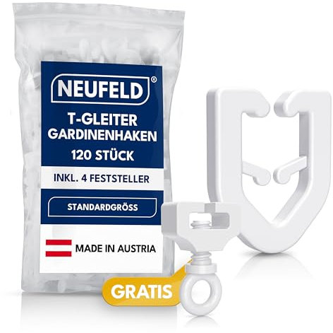 NEUFELD® 120 T-Gleiter (inkl. 4 Feststeller) Gardinenhaken für T-Schiene - Wohnwagen Gardinen in Standardgröße - Gardinengleiter