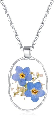 WESIHOO Vergiss-mich-nicht oval Anhänger gepresst Blume Halskette | Vergiss-mich-nicht Schmuck | Vergiss-mich-nicht Halskette | Personalisierte handgefertigte Halsketten für Frauen | 45cm