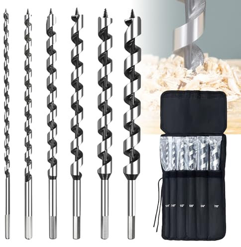 6PCS 12 Inch Long Wood Auger Drill Bit Set, 1/4-7/8 Hex Shank, Hardened Alloy Steel for Soft & Hard Wood, Plywood, Drywall, Plastic & Composites - Precision Clean Deep Holes