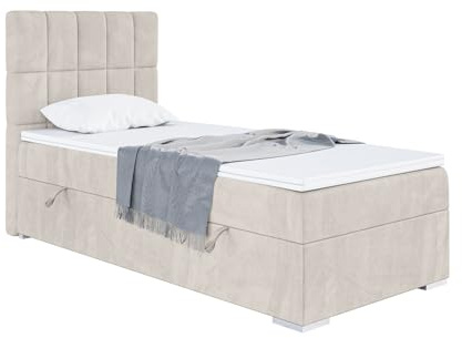 MEBLINI Boxspringbett mit Bettkasten - Gepolstert Einzelbett mit Matratze und Topper - Polsterbett mit Stauraum - Bett mit Kopfteil - Stauraumbett - Lukas - 100x200 Links - H4/Beige Samt