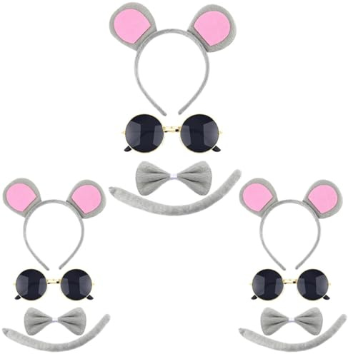 Kavoc World Book Day 3 Blind Mice Costume Include Black Glasses Mouse Ears Headband Bow Tie and Mouse Tail for Halloween Party Dress Up