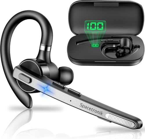 Spacetronik Bluetooth Headset mit Qualcomm Chip, Freisprechanlage Ohr | Dual-MIC ENC Geräuschunterdrückung, 15h Gesprächszeit, Bluetooth 5.2 Einseitig Kopfhörer für iPhone, Android, Laptop