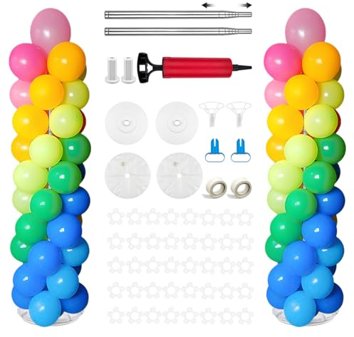 Set di 2 supporti resistenti per palloncini a colonna, regolabili da 2 m, riutilizzabili, con sacchetti per pesi di base, centrotavola telescopico in metallo, torre per palloncini per compleanni e