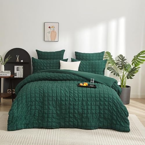 Gezu Seersucker Bed Linen Green Dark Green 135 x 200 cm Checked Embossed Brushed Bed Linen Set Summer Microfibre Bed Linen Romantic Duvet Cover 135 x 200 cm and 1 Pillowcase 80 x 80 cm with Zip