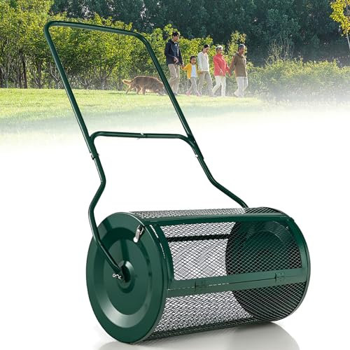 Esparcidor de abono de 27 pulgadas, rodillo ligero para turba, estiércol y fertilizante con mango en forma de U y cierres laterales, ideal para plantar y sembrar