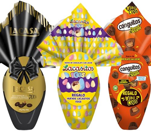 Pack 3 huevos de pascua: Lacasitos Eggs 150 g + 20 g & Lacasa Chocolate 70% cacao 170 g & Conguitos Penaut Cream 150 g + 13 g.