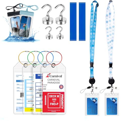 HONIZER Kofferanhänger für Kreuzfahrten 2026, 2 kreuzfahrt lanyards, 4 WDichte Gepäckanhänger für Kreuzfahrten, 2 IPX8 Handy-Pouches, 4 Starke Magnet-Haken & 2 Windfeste Handtuchbänder