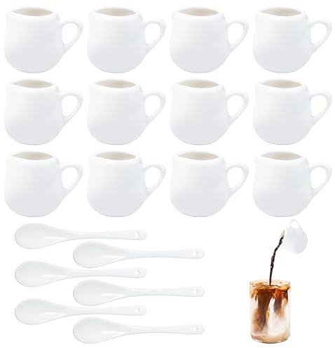 Keboyoe Lot de 12 mini pots à lait en céramique blanche de 50 ml avec poignée, petit pot à lait réutilisable en porcelaine blanche pour café, lait, sauces