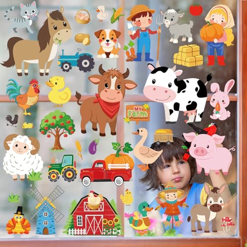 wondever Fensterbilder Bauernhof Tiere Pferde Kuh Hahn Fenstersticker | Wiederverwendbar, Doppelseitig Statisch PVC Fensterdeko, Fenster Vogelschutz, Frühling Deko für Glas Tür Wohnzimmer Küche