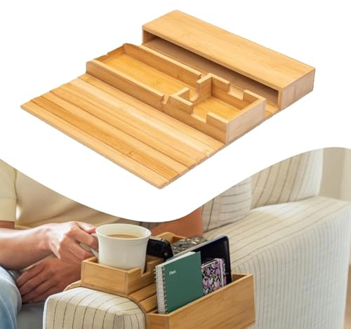 Sofa Arm Tray, Liuer Natural Bamboo So-fa Arm Tr-ay Table,Foldable Non-Slip No Assembly Sofa Armrest Tray,for Cups, Remotes, Bottles, Food, Drinks and Phones