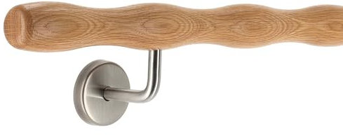 TIBU Holz Eiche Handlauf Geländer wellenförmig mit gewinkelte Edelstahl Handlaufhalter - Turnstab, Gmynastikstab, Ergo-Stab & Fingertrainer, Länge 150 cm und Halter Modell A