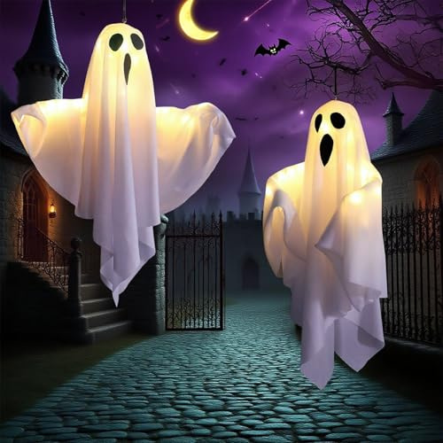 2 Piezas Fantasma Halloween Decoracion Exterior, Fantasma Colgantes con Luces LED Voladores Bonitos Fantasmas Colgantes de Halloween Decoración para Jardín Porche árbol Exterior Fiesta