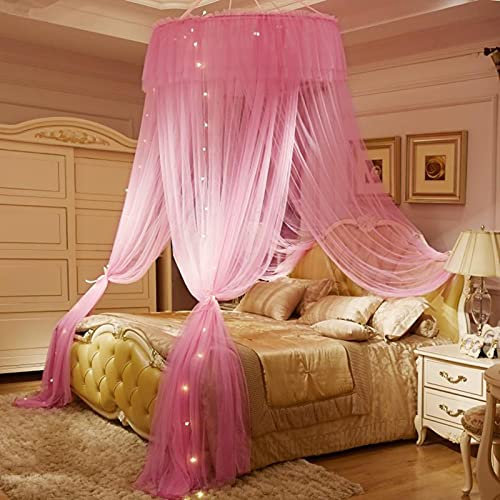 XRPOUXMTE Betthimmel für Einzel- und Doppelbett, Moskitonetz mit Lichterkette, Prinzessinnen-Spitzenkuppel, Schlafzimmerdekoration, Bettzelt, universelles Moskitonetz (Rosa)