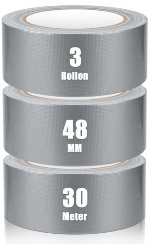 iuqiepo 3 Rollen Panzertape, Gewebeklebeband 30m x 48mm, Wasserfestes Reparaturband für Innen und Außen, Handreißbares Panzerband, Hochklebendes Panzertape Grau
