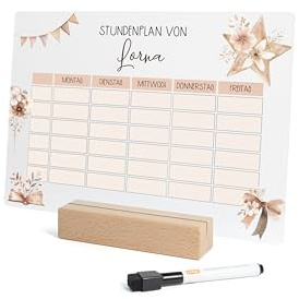 Nord-Kind® Acryl-Stundenplan personalisiert, abwischbar – Boho 1 | Mit Wunschname, 30 × 21 cm, inkl. Whiteboard-Stift; für 1. Klasse, Grundschule und Einschulung; optional mit Holzsockel.