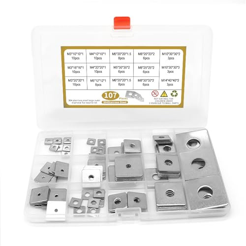 107 pezzi Rondelle Quadrate Rondelle Piatte in Acciaio Inox M3 M4 M5 M6 M8 M10 M14 Rondella Quadrata con Foro Rotondo Rondella Quadrata Piatte per Fissaggio per Bulloni Barre Filettate