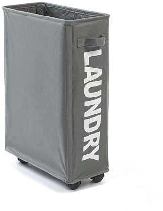 RETSAMV 42L Schmaler Faltbarer Wäschekorb mit Rollen und Griff, Platzsparender Wäschesammler für Schlafzimmer, Badezimmer und Waschküche (GRAY)