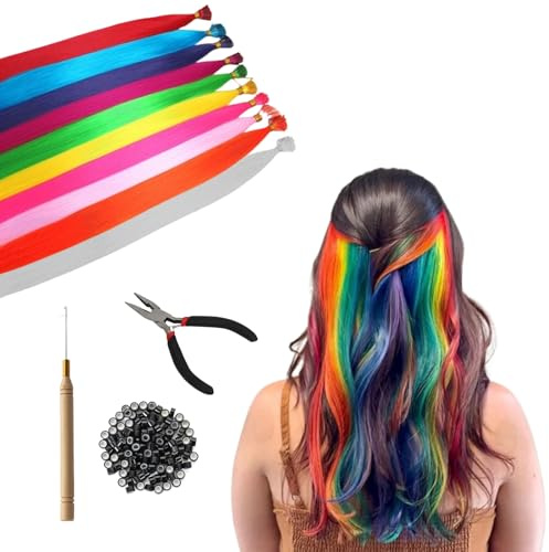 deegbbyi 50 Pièces Kit Extension de Cheveux Colorés, Meche Colorée pour Cheveux, Extensions de Hair de 50 cm, avec Pince à Perruque, Crochet, 100 Perles, pour Femmes et Filles